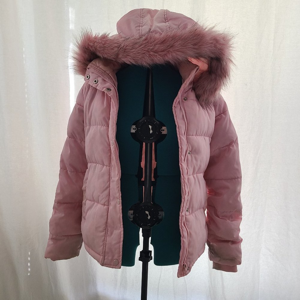 Pink Faux Fur Hood Puffy Girls Jacket